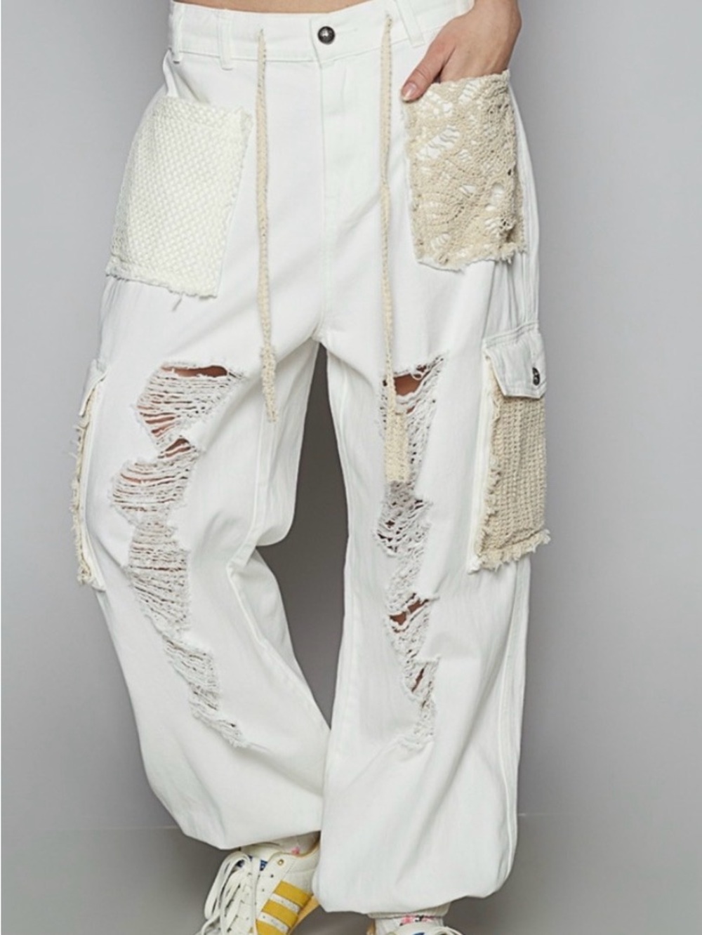 #1379 POL Pink Distressed Cargo Track Pants with Crochet Pockets - Picture 3 of 14